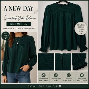 A New Day Emerald Green Smocked Yoke Blouse Size M Long Sleeve Flowy Top